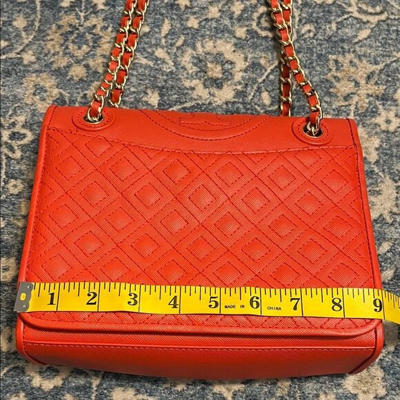 Tory Burch Fleming Quilted Leather Chain Red Orange Shoulder Purse Bag Boho - Picture 12 of 16